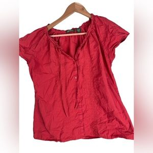 Eddie Bauer Cranberry Red Embroidered Top Short Sleeve Shirt V Neck Button Down